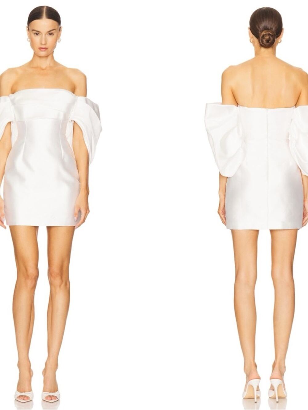 SOLACE LONDON Elina Off the Shoulder Puff Sleeve Pleated White Mini Dress Size 8